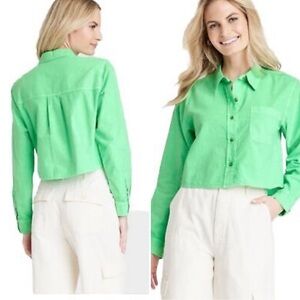 Universal Thread Crop Top Light Neon Green Cotton Linen Size‎ XS Long Sleeves